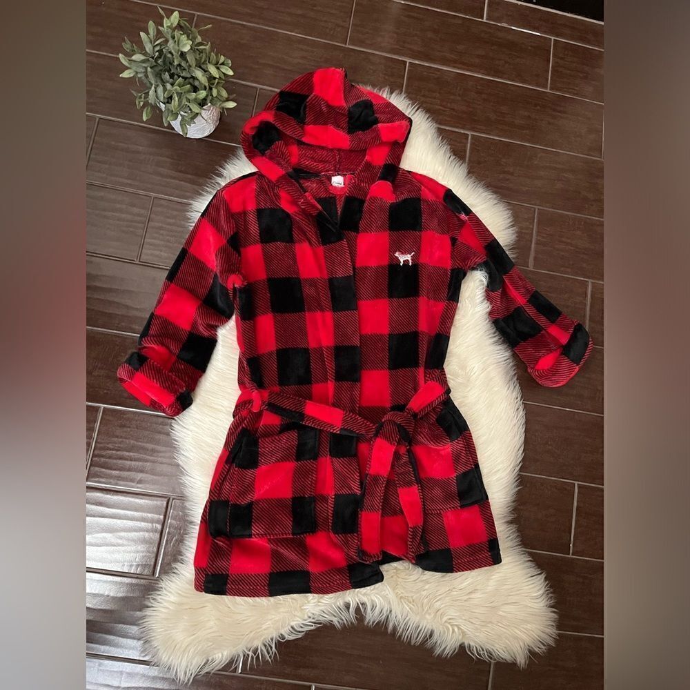 Victoria's Secret Pink Bling Plaid Fleece Hooded Robe Red/Black/Silver Sz XS/SM